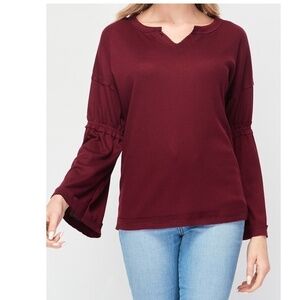BAEA Flare Sleeve Thermal V-Neck Women's T-shirt In Bordeaux